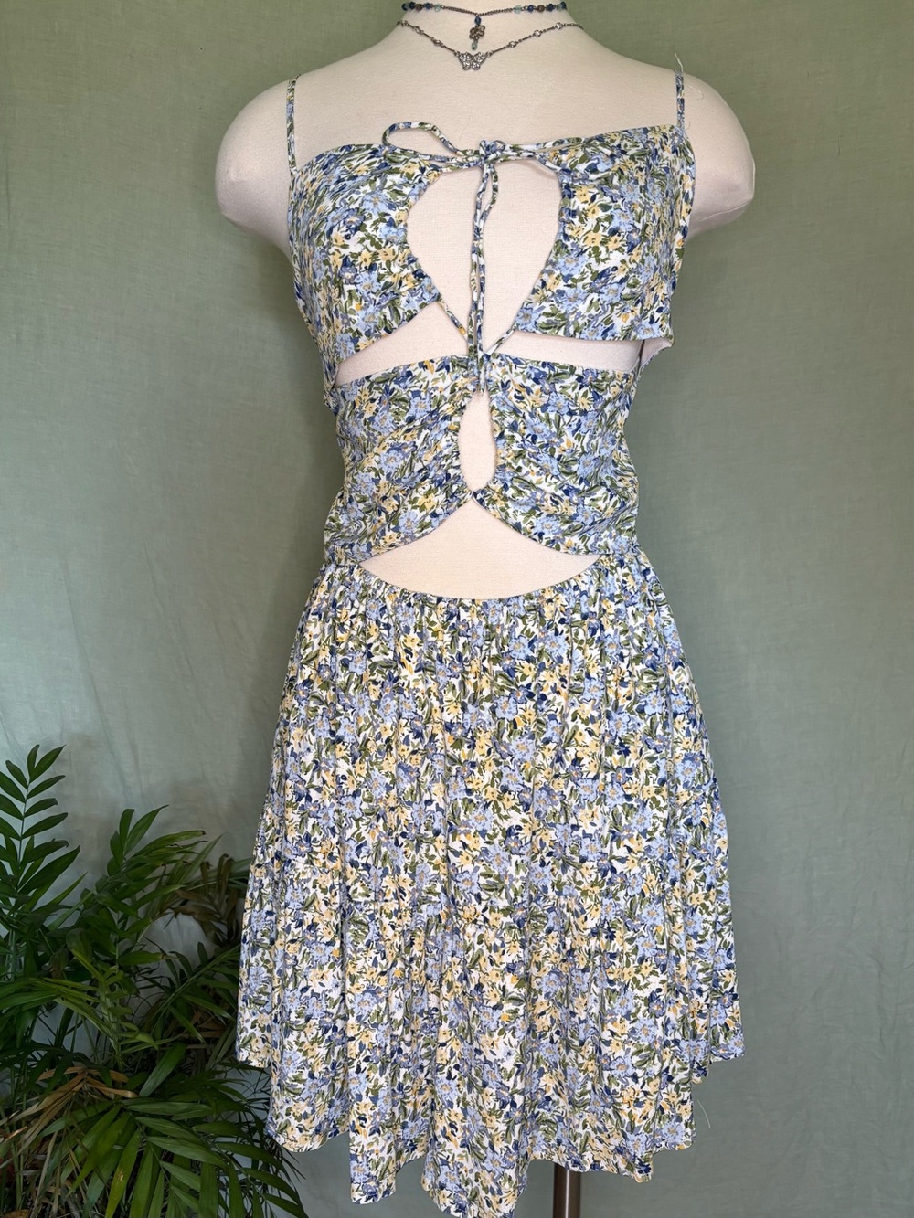 Blue & Yellow Floral Cutout Mini Dress